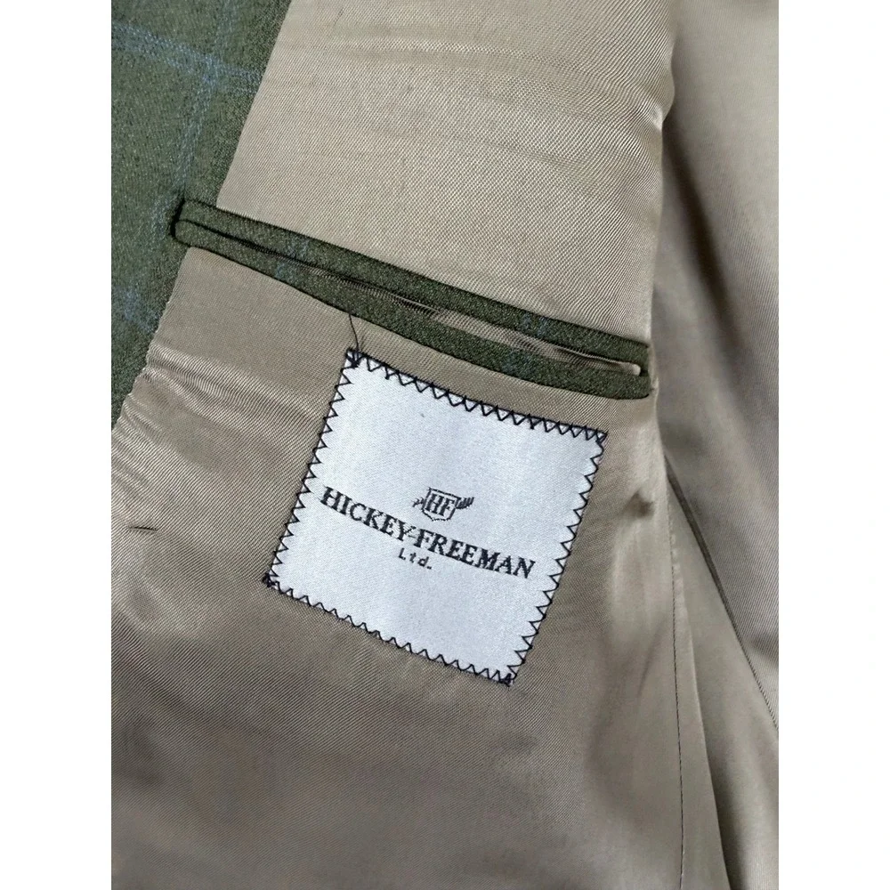 Hickey Freeman Mens 44R Sport Coat Wool Silk Olive Green Windowpane Blazer M481